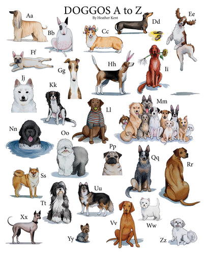 DOGGOS Print *with letters*, Dog Breed Alphabet Fine Art Giclee Print, 9x12 inch