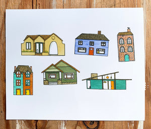 Six Small Houses - Fine Art Print of Original Watercolor Painting, 8x10 inch