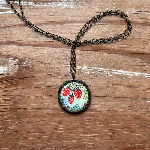 Strawberry Necklace, Original Watercolor Hand Painted Necklace