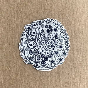Black & White Vintage Florals Vinyl Sticker, 3 inch, FREE SHIPPING
