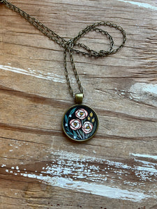 Dark Florals - Pink Roses, Original Hand Painted Necklace
