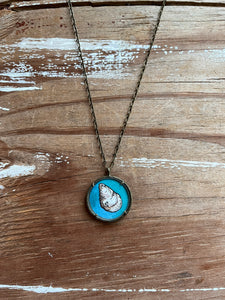 Oyster Shell Art, Original Watercolor Hand Painted Necklace Pendant, Seashell Painting, Blue Teal