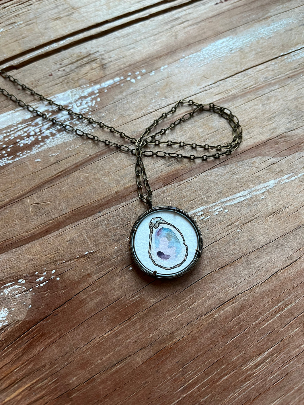Oyster Shell Art, Original Watercolor Hand Painted Necklace Pendant, Seashell Painting