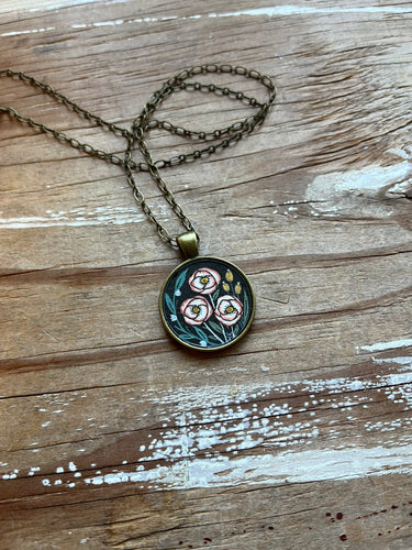 Dark Florals - Pink Roses, Original Hand Painted Necklace