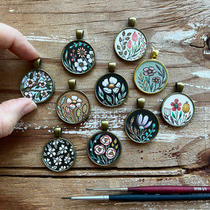 Dark Florals - Pink Roses, Original Hand Painted Necklace