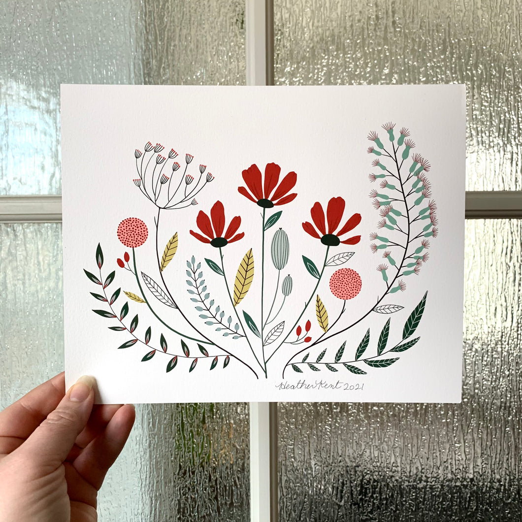 Vintage Florals Wildflower Bouquet Fine Art Print, Botanical Print of Original Digital Drawing, 8x10in
