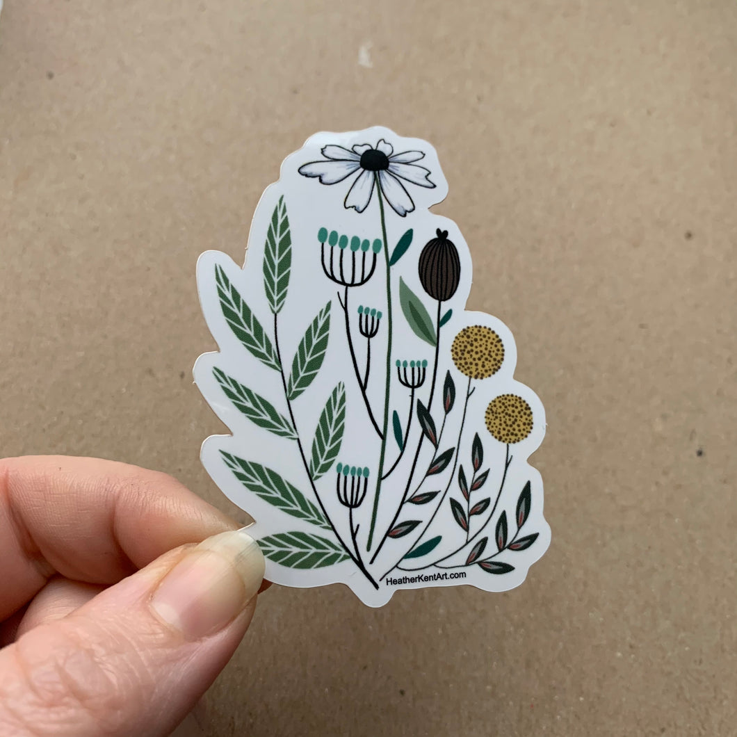 Vintage Florals, Daisy Wildflowers, Vinyl Sticker, 3 inch, FREE SHIPPING