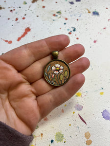 Vintage Florals on Gold, Hand Painted Necklace, Pink Wild Rose - Original Watercolor Art Pendant