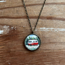 Load image into Gallery viewer, Camper Necklace, Vintage Red Trailer Art Illustration, Original Hand Painted Necklace