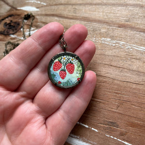 Strawberry Necklace, Original Watercolor Hand Painted Necklace