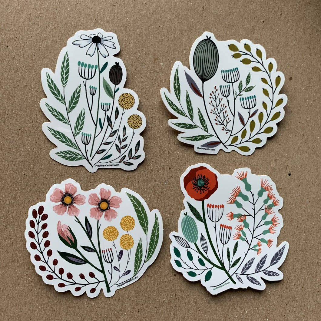 Set of 4 Vintage Florals Stickers, Vinyl Sticker, 3 inch, FREE SHIPPING