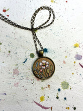 Load image into Gallery viewer, Vintage Florals on Gold, Hand Painted Necklace, Pink Wild Rose - Original Watercolor Art Pendant