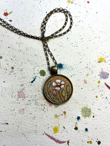 Vintage Florals on Gold, Hand Painted Necklace, Pink Wild Rose - Original Watercolor Art Pendant