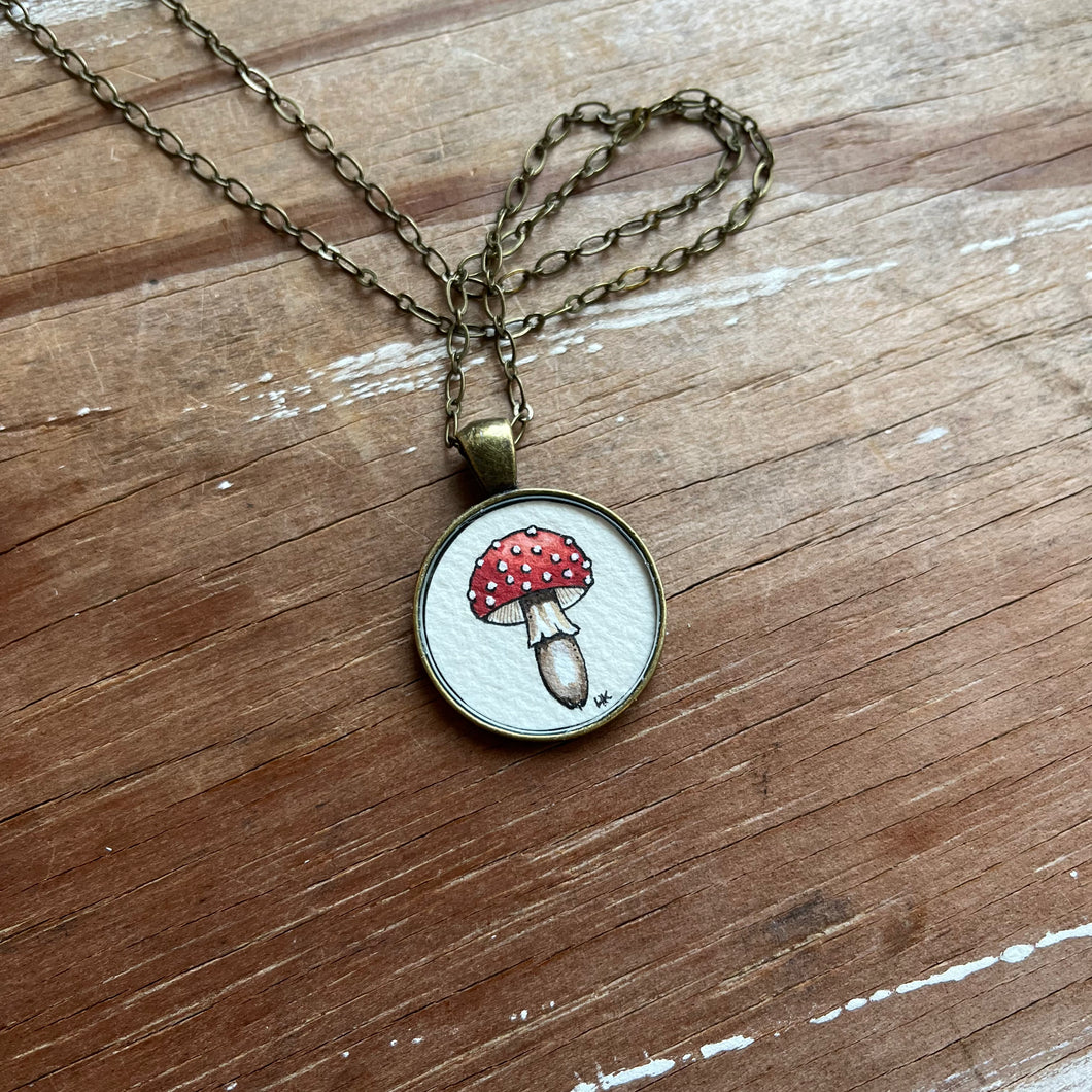 Toadstool Mushroom Necklace, Original Watercolor Hand Painted Necklace