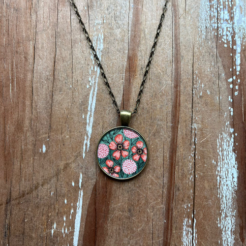 Hand Painted Necklace, Wild Roses - Original Watercolor Art Pendant