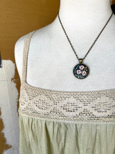 Dark Florals - Pink Roses, Original Hand Painted Necklace