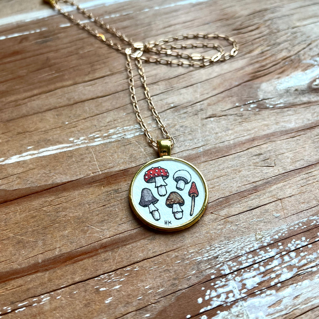 Mushrooms Pendant, Original Watercolor Hand Painted Necklace