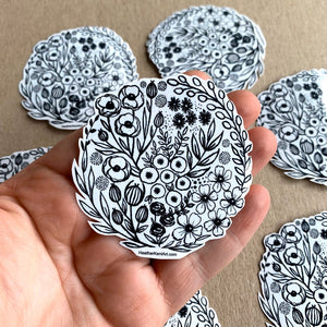 Black & White Vintage Florals Vinyl Sticker, 3 inch, FREE SHIPPING