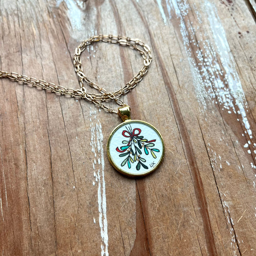 Mistletoe Hand Painted Necklace Inspired by Vintage Florals, Original Watercolor Painting, Christmas Necklace