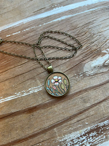 Vintage Florals on Gold, Hand Painted Necklace, Pink Wild Rose - Original Watercolor Art Pendant
