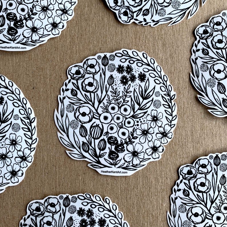 Black & White Vintage Florals Vinyl Sticker, 3 inch, FREE SHIPPING