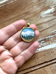 Golden Mountain Landscape, Watercolor Landscape Hand Painted Necklace, Original Art Pendant with Gold